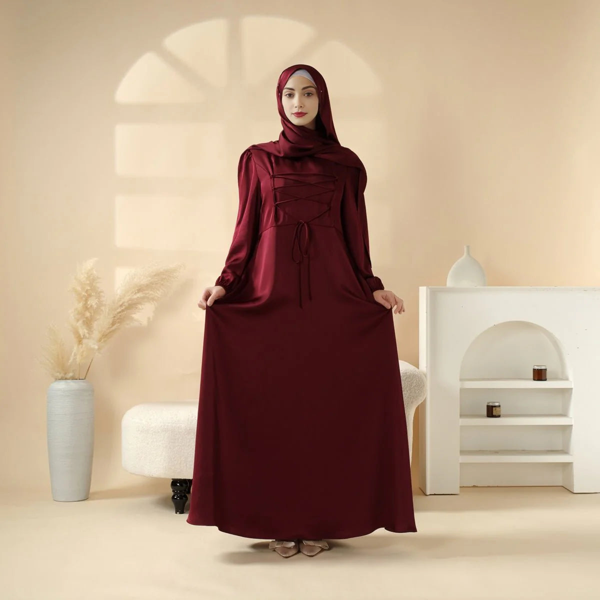 new collection robe hijab model miriam 2026- Robe Abaya Satin Élégante -ستايل مثالي للجامعة والمدرسة